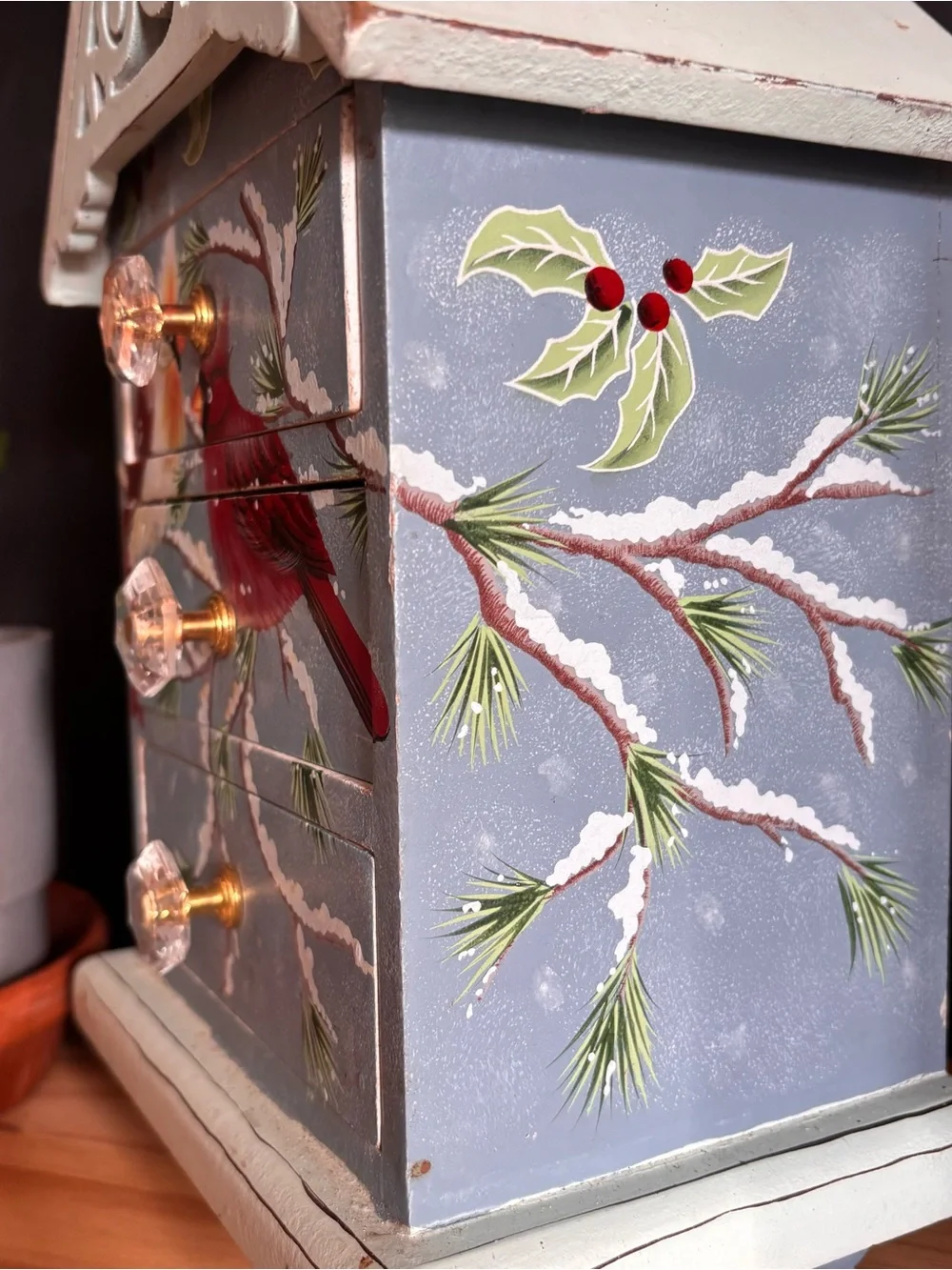 Hand-Painted Wooden Jewelry Box with Red Cardinals- 3 Drawers